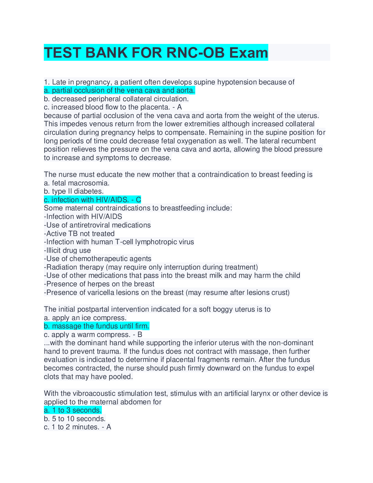 Preview of RNC-OB Exam Test Bank | Inpatient Obstetric Nurse Exam Prep 2022-2023: RNC Study Guide 350